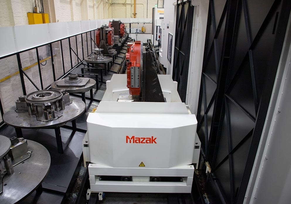 A Mazak horizontal machining cell with pallet stations on the JHE shop floor